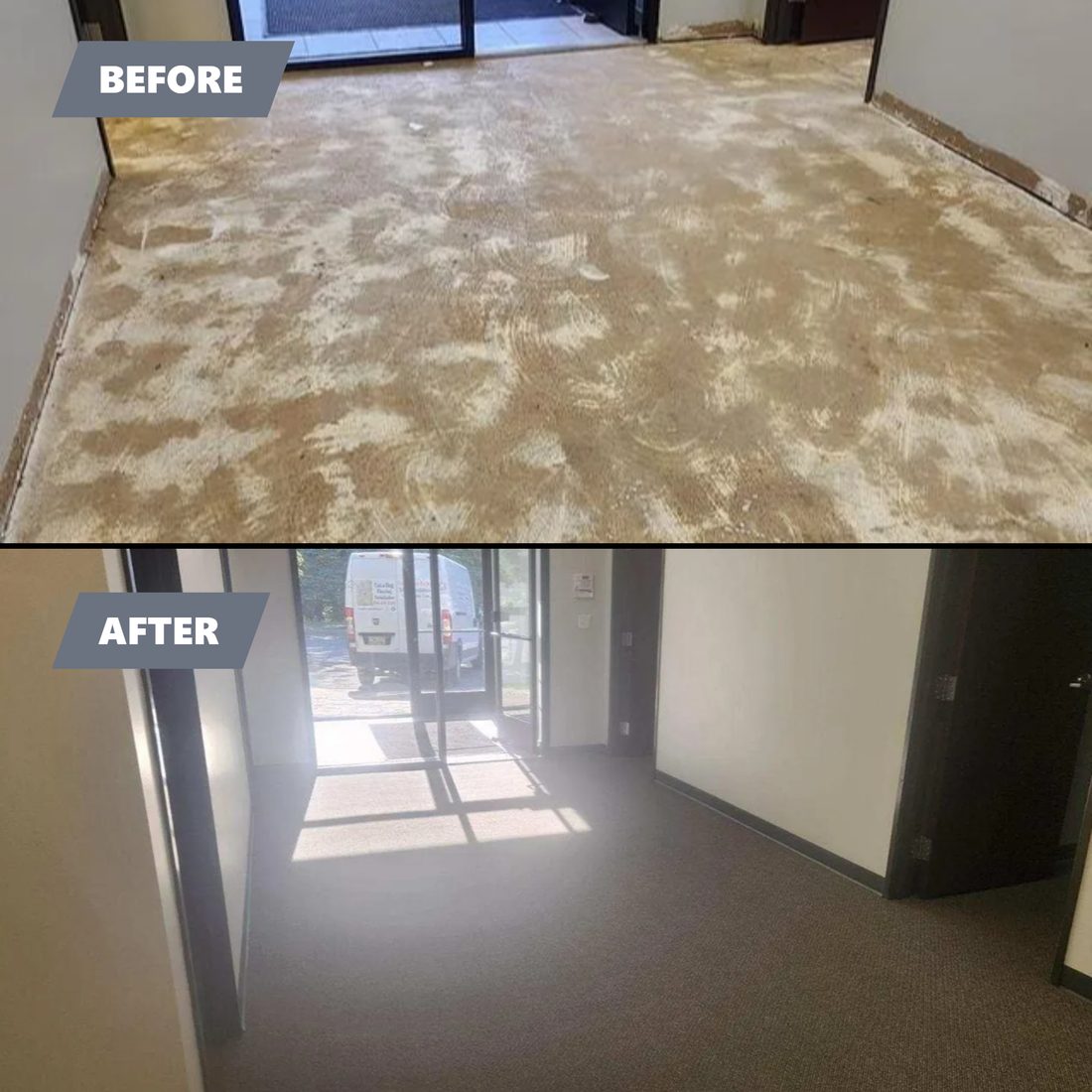 Before and after: a stripped floor, then new dark carpet