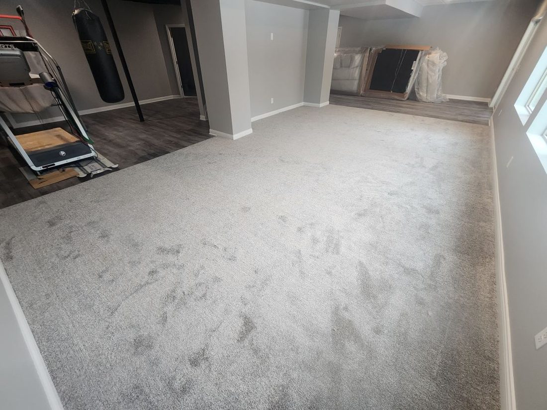 A large basement room with new grey carpet