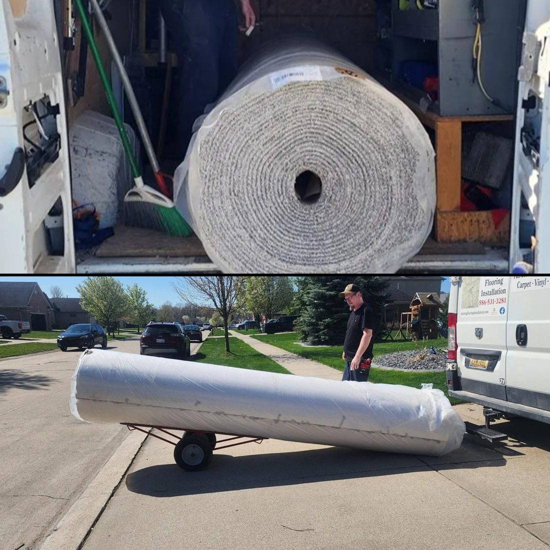 A roll of new carpet in the van and on a dolly in the driveway