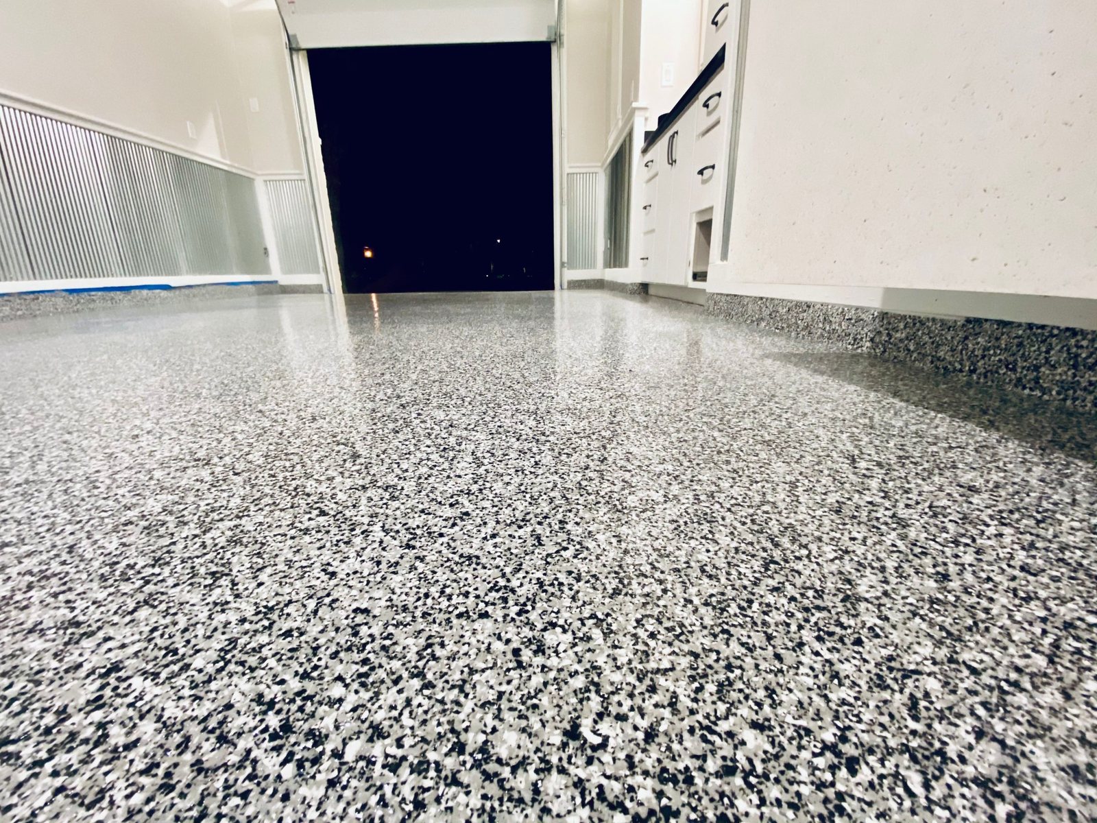 A flake garage floor from floor level