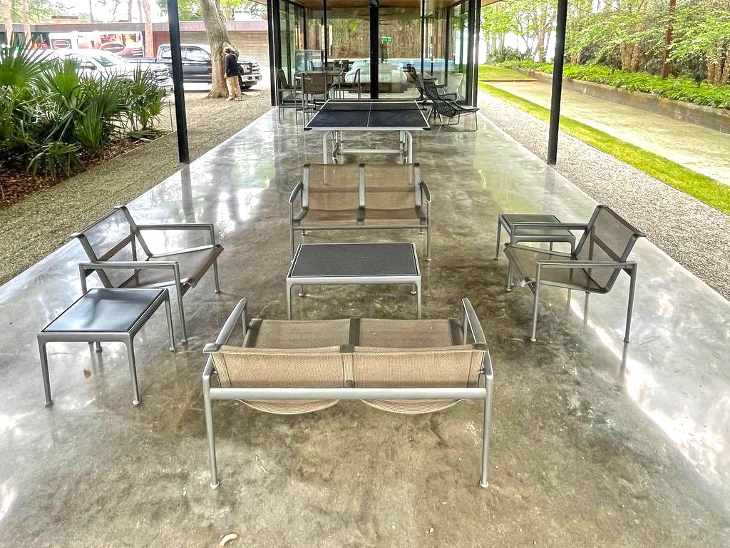 A finished concrete patio with outdoor seating