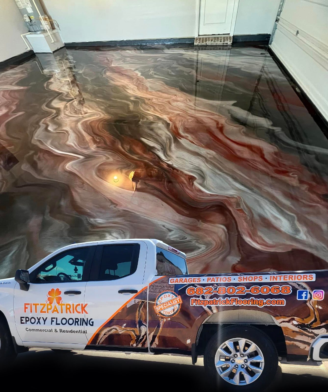 The Fitzpatrick Epoxy Flooring truck over a metallic floor
