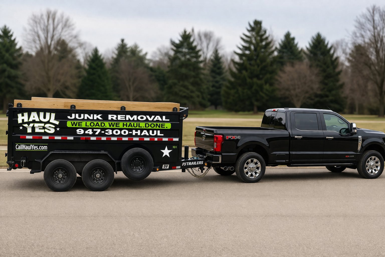 The Haul Yes truck and black dump trailer, lettered Junk Removal, 947-300-HAUL