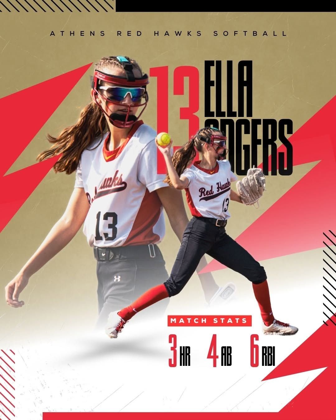 An Athens Red Hawks softball match-stats graphic