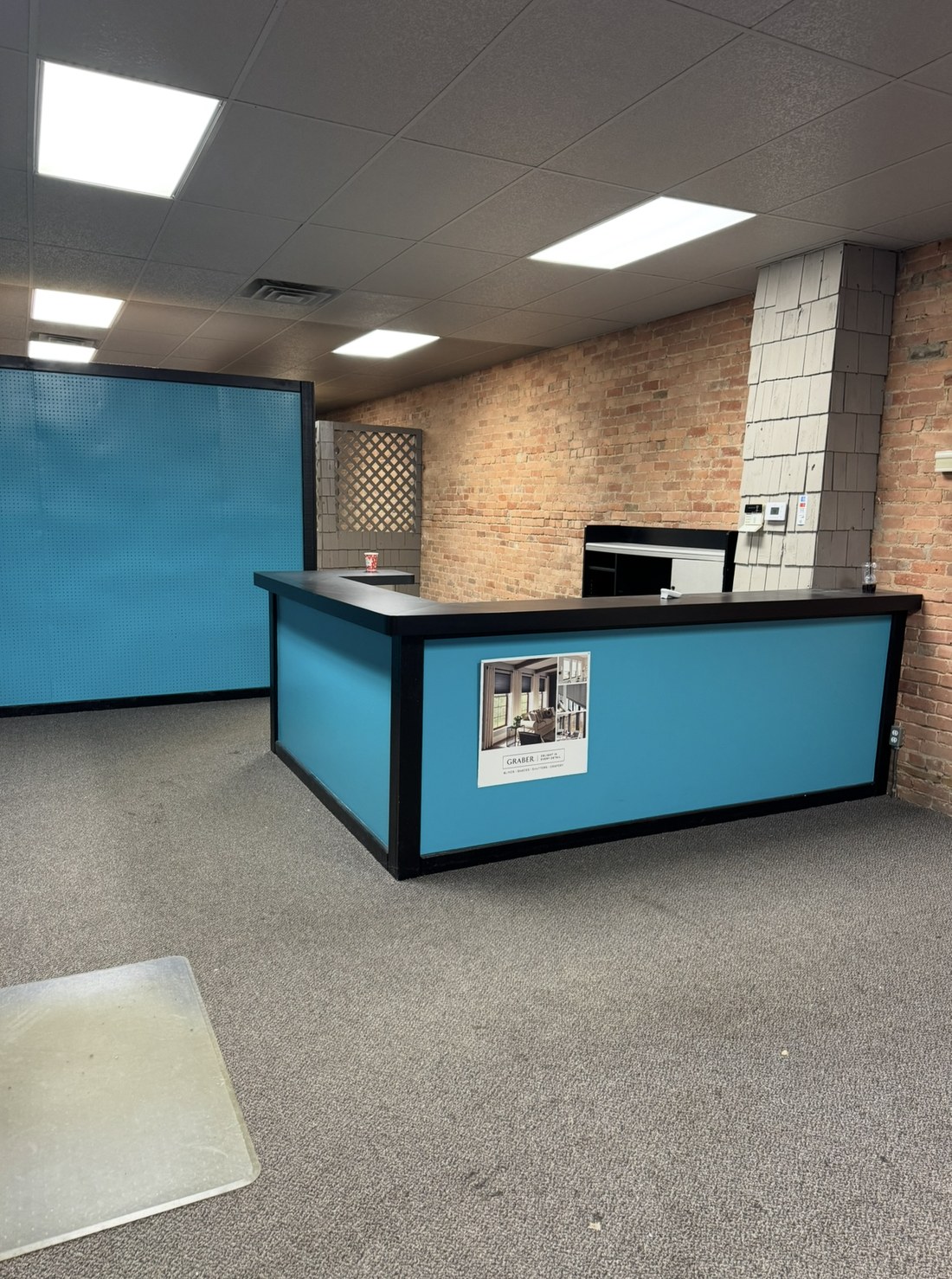 The finished shop counter in the shop's blue