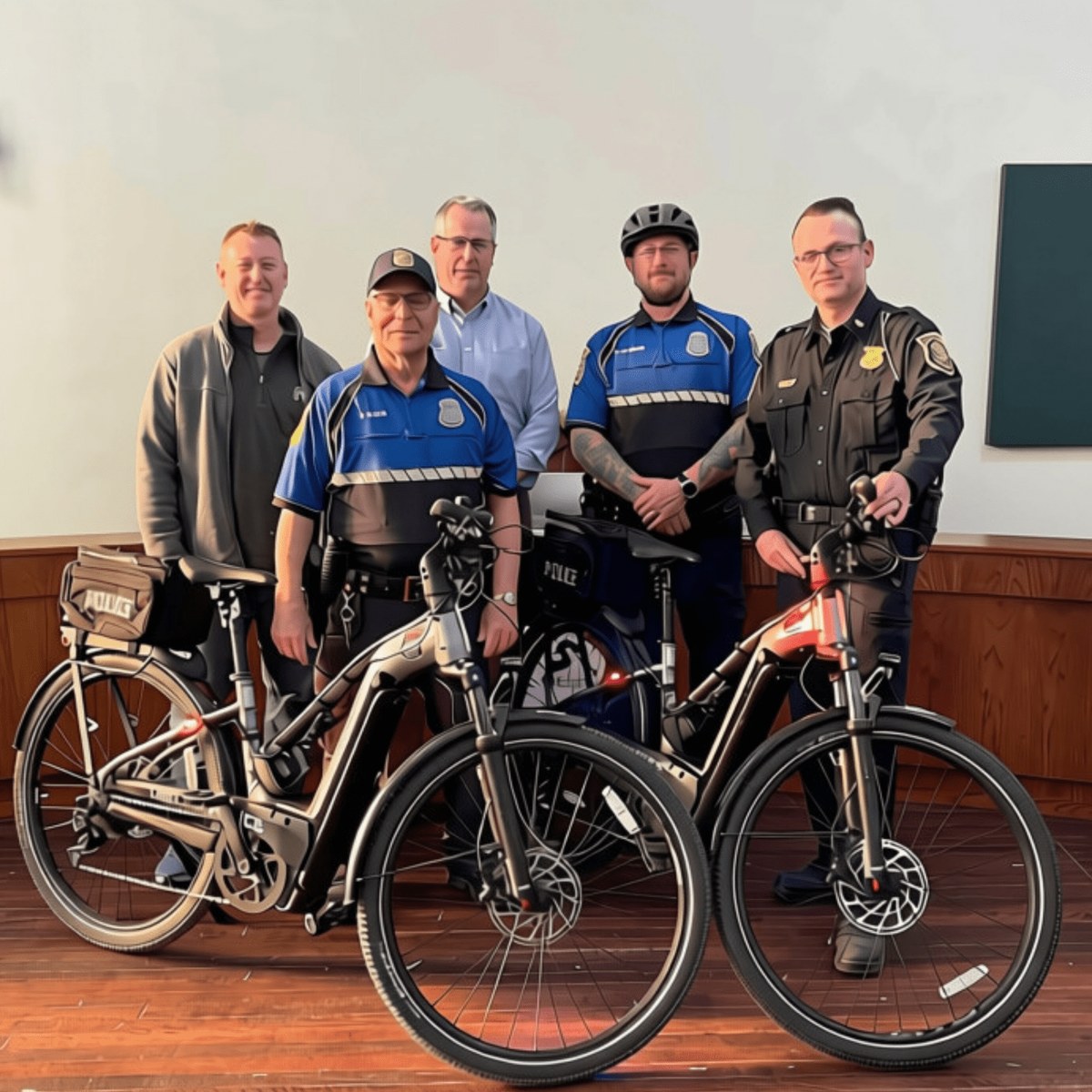 Lake Orion police officers with the two outfitted e-bikes the shop donated