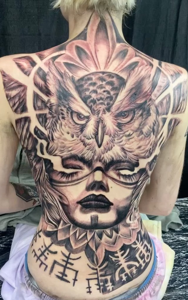 Realism owl back piece framed in geometric linework
