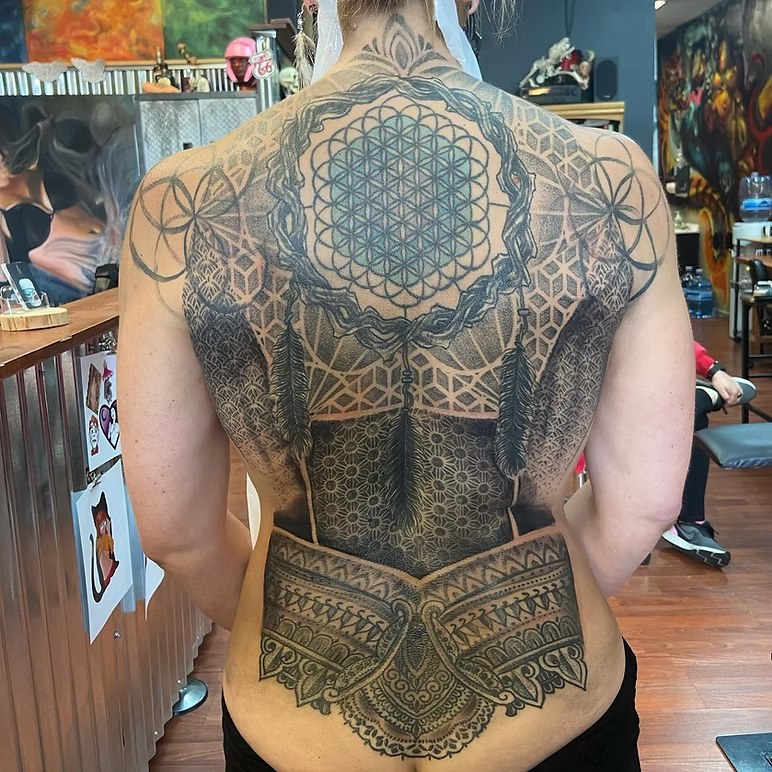 Full back piece of sacred geometry and ornamental pattern