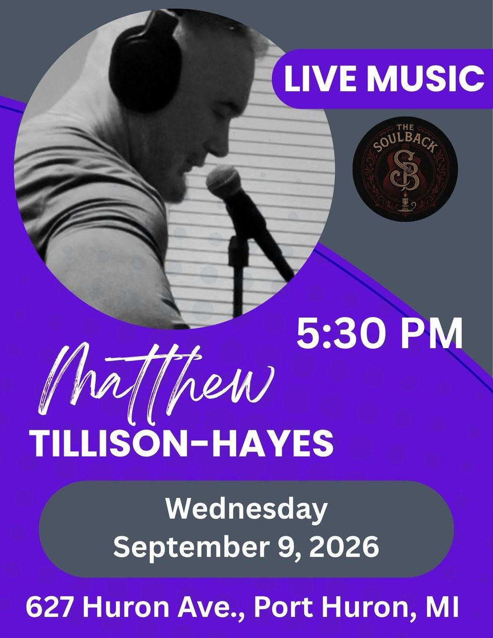 Live music flyer for Matthew Tillison-Hayes, Wednesday September 9 2026, 5:30 PM